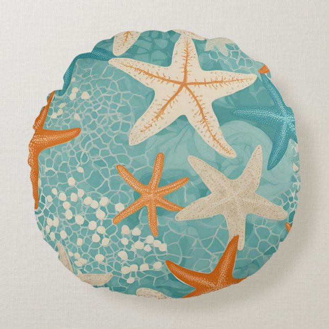 Cojín Redondo Naranja verde azulado Starfish Beach Coastal Seali (Anverso)