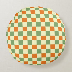 Cojín Redondo Naranja Verde Brown Checkered Gingham Pattern