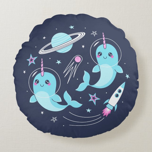 Cojín Redondo Narwhals espaciales (Anverso)