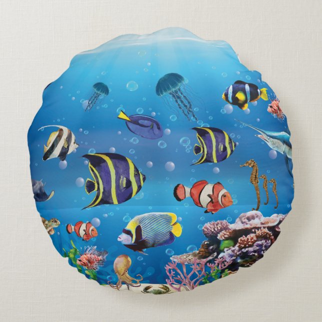 Cojín Redondo Natación de peces tropicales (Reverso)