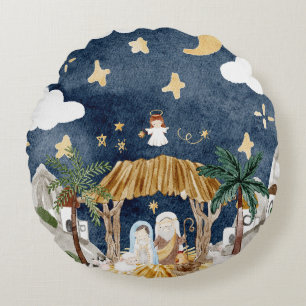 Cojín Redondo Natividad de los Navidades cristianos acuarelas