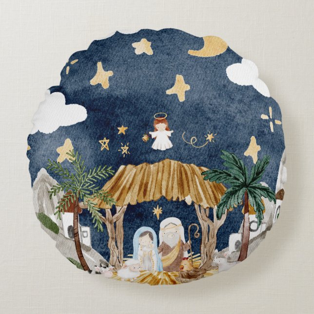 Cojín Redondo Natividad de los Navidades cristianos acuarelas (Anverso)
