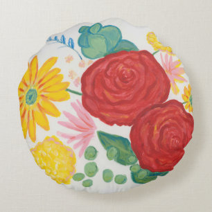 Cojín Redondo Naturaleza acuarela Rojo Rosa Amarillo Marítimo Fl