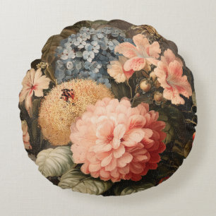 Cojín Redondo Naturaleza muerta floral vintage con flor roja y b