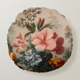 Cojín Redondo Naturaleza muerta floral vintage con flores tropic