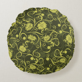 Cojín Redondo Naturaleza negra y verde Patrón floral ilustrado