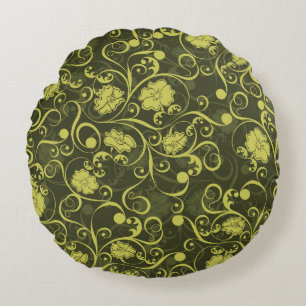 Cojín Redondo Naturaleza negra y verde Patrón floral ilustrado