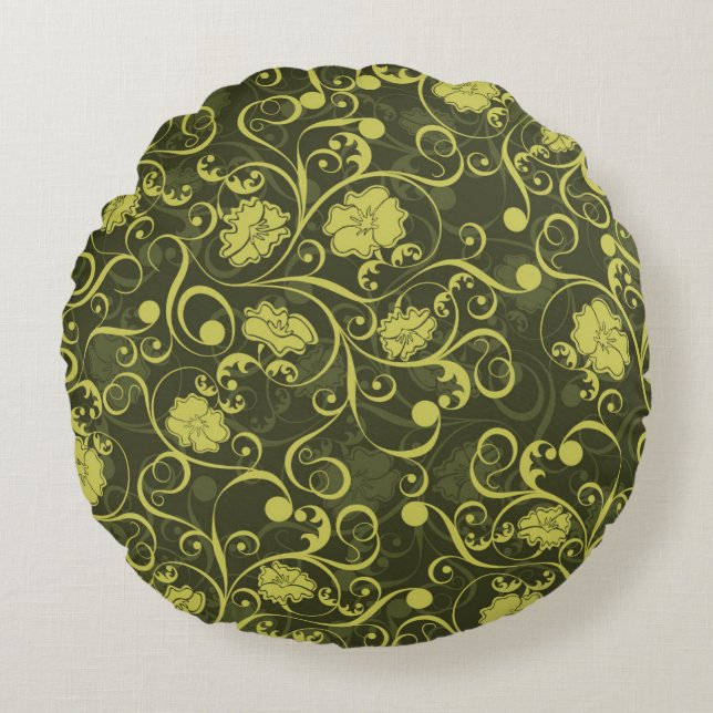 Cojín Redondo Naturaleza negra y verde Patrón floral ilustrado (Anverso)