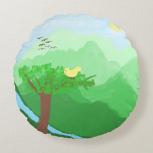 Cojín Redondo Naturaleza pintada con colores acrílicos arte