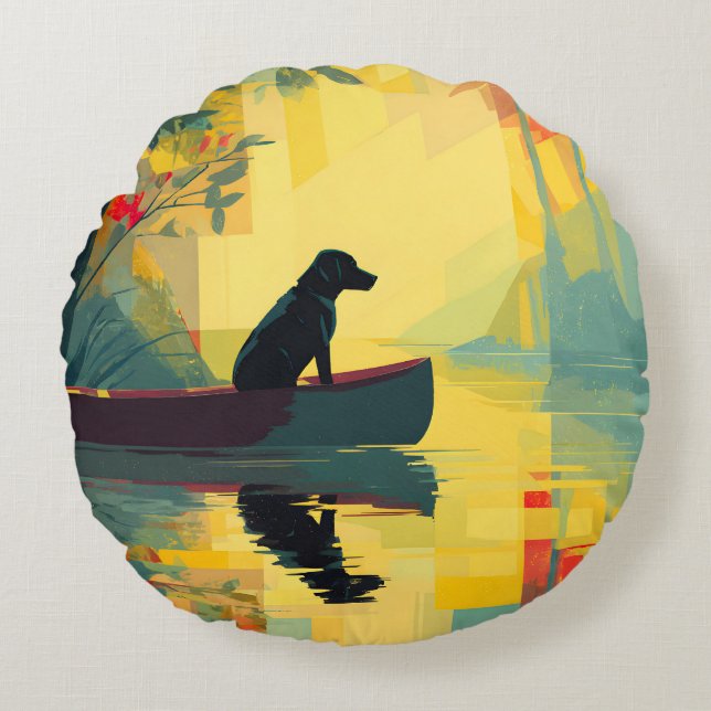 Cojín Redondo Nature Minimalist Black Labrador Canoe (Anverso)