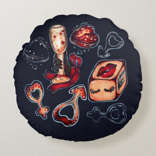 Cojín Redondo Naughty Dice & Champagne Adult Humor Dark Romantic (Anverso)