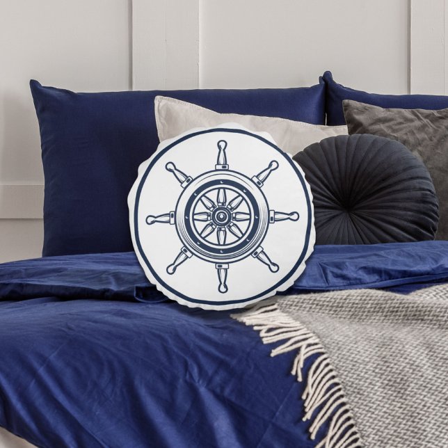 Cojín Redondo Nautical Coastal Blue Beach House Boat Ship Wheel (Nautical Coastal Blue Beach House Boat Ship Wheel Round Pillow)