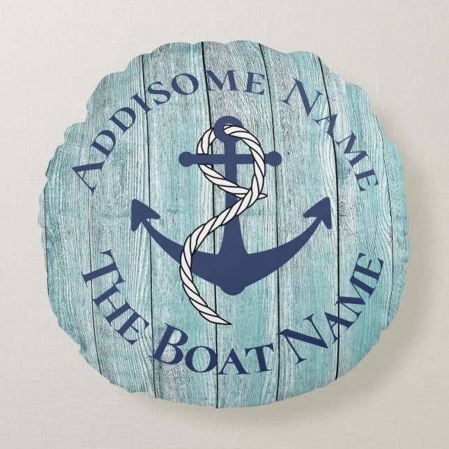 Cojín Redondo Nautical Family Boat Name Navy Anchor  (Anverso)