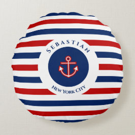Cojín Redondo Nautical Marine Navy Blue Red White Stripes