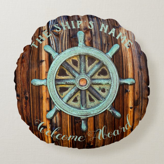 Cojín Redondo Nautical Theme Bronze Captains Wheel (Anverso)