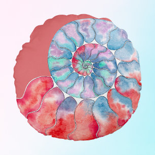 Cojín Redondo Nautilus gris rojo azul en el Coral