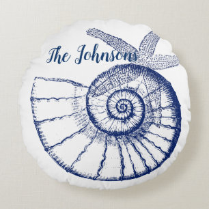 Cojín Redondo Nautilus Seashell & Starfish Marine Life Personali