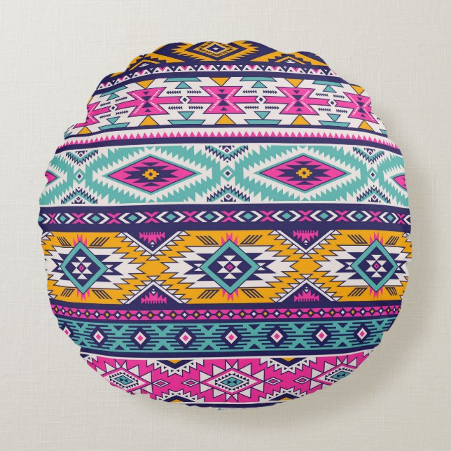 Cojín Redondo Navajo tribal vintage: patrón retro (Anverso)