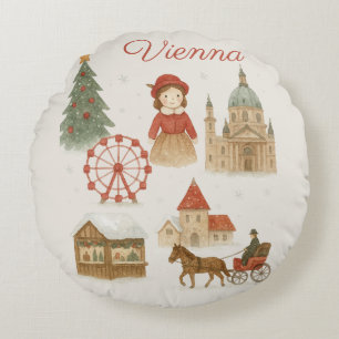 Cojín Redondo Navidad en Viena en Acuarela – Austria Invernal Ac