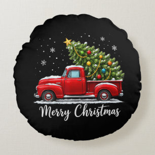 Cojín Redondo Navidad Feliz Navidad Camión Rojo Árbol Hombres Mu