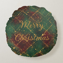 Cojín Redondo Navidad, Feliz Navidad, Patrón Dorado Rojo Verde