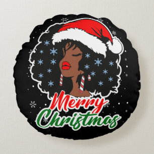 Cojín Redondo Navidad Melanina Reina Negra Mujer Melanina Navida