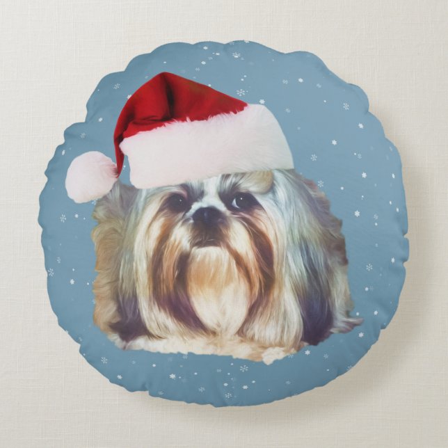 Cojín Redondo Navidad, perro de Shih Tzu, gorra de Santa (Anverso)