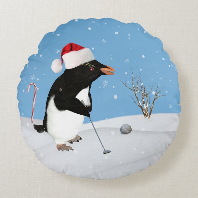 Cojín Redondo Navidad, pingüino que juega a golf (Anverso)