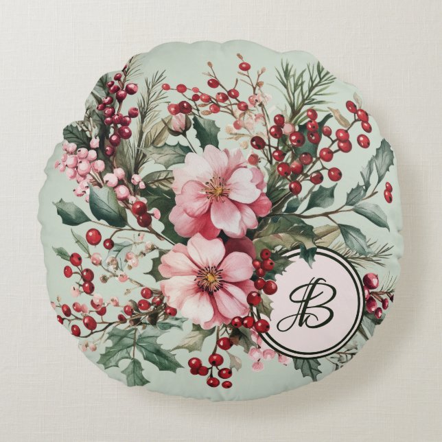 Cojín Redondo Navidad Rosa Floral Personalizada Roun (Anverso)