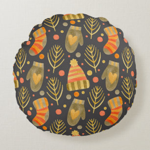 Cojín Redondo Navidades acuarelas: Patrón festivo sin foco.