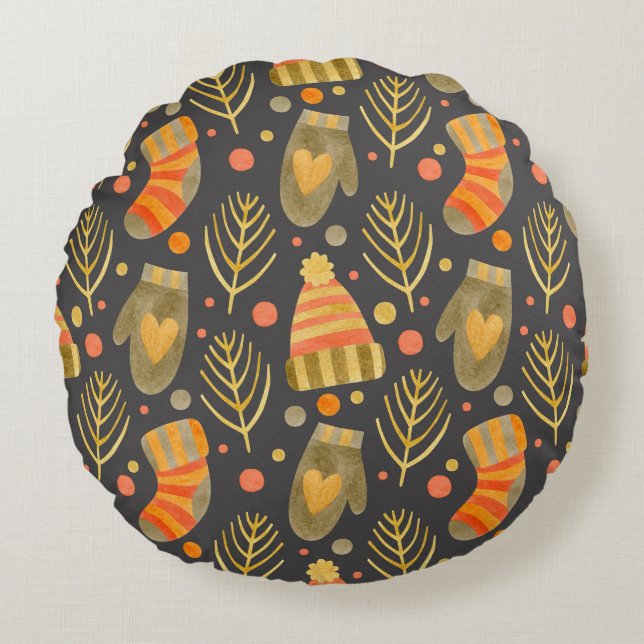 Cojín Redondo Navidades acuarelas: Patrón festivo sin foco. (Anverso)