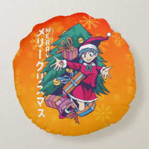 Cojín Redondo Navidades animales suéter - Chica feliz con Santa 