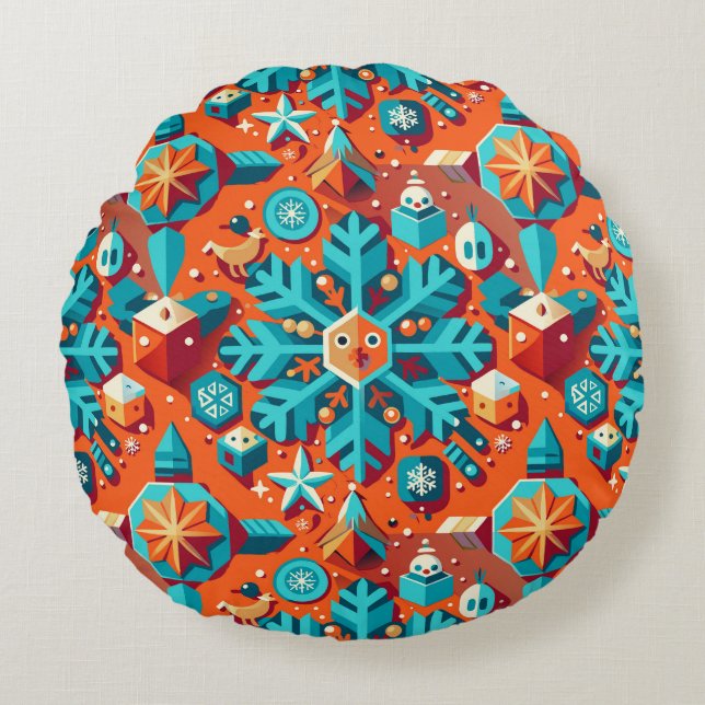 Cojín Redondo Navidades artísticos estilizados copos de nieve (Anverso)