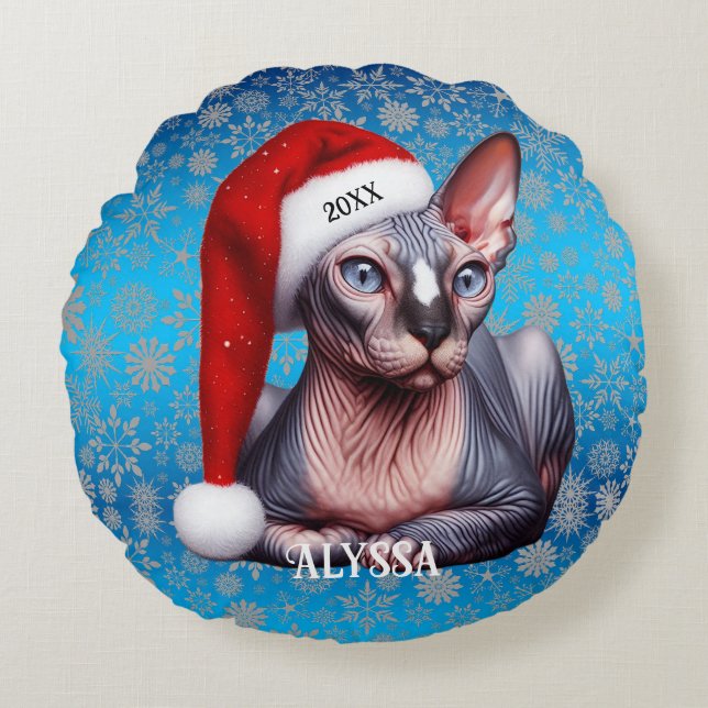 Cojín Redondo Navidades azules del gato Sphynx (Anverso)