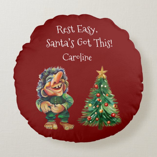 Cojín Redondo Navidades baratos en trolls y luz de árbol (Anverso)