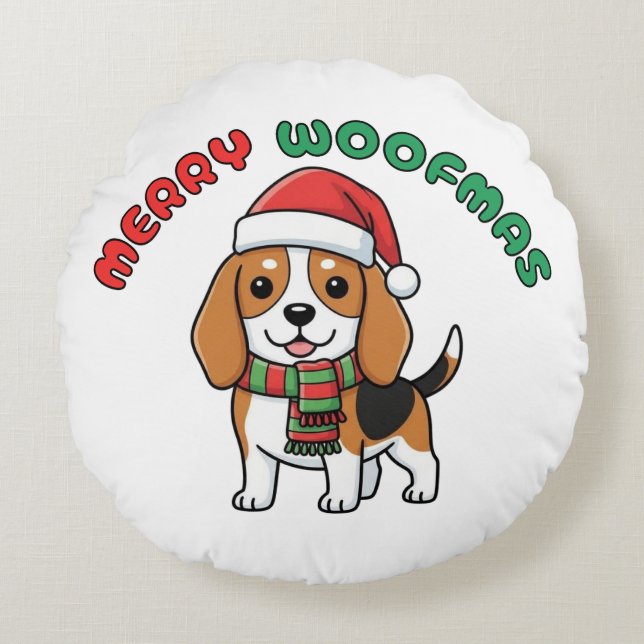 Cojín Redondo Navidades Beagle Round Pillow: Merry Woofmas (Anverso)