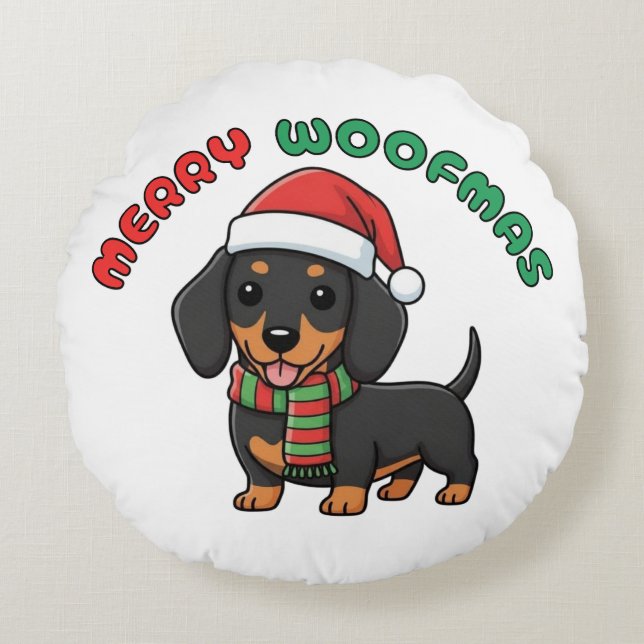 Cojín Redondo Navidades Black Dachshund: Merry Woofmas (Anverso)