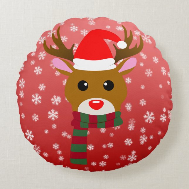 Cojín Redondo Navidades blancos Rudolph, reno de la nariz roja (Anverso)