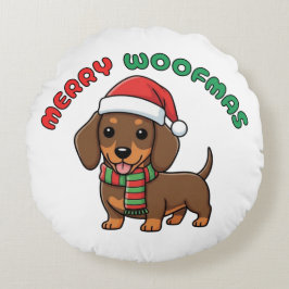 Cojín Redondo Navidades Brown Dachshund: Merry Woofmas