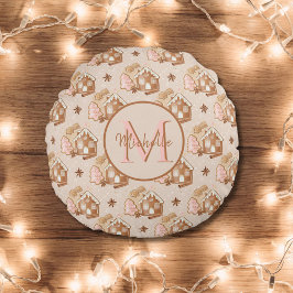 Cojín Redondo Navidades Brown Gingerbread Casa Árboles Rosa