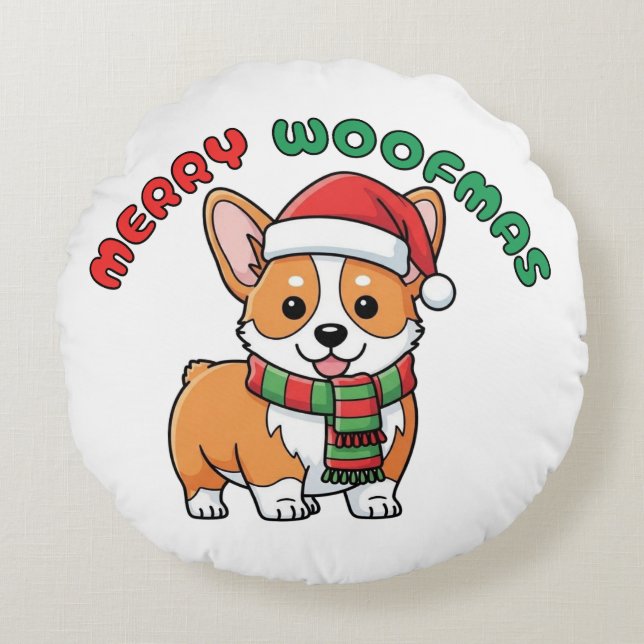 Cojín Redondo Navidades Corgi Round Pillow: Merry Woofmas (Anverso)
