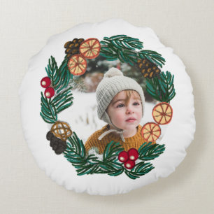 Cojín Redondo Navidades coronaron con foto de personalizable e i