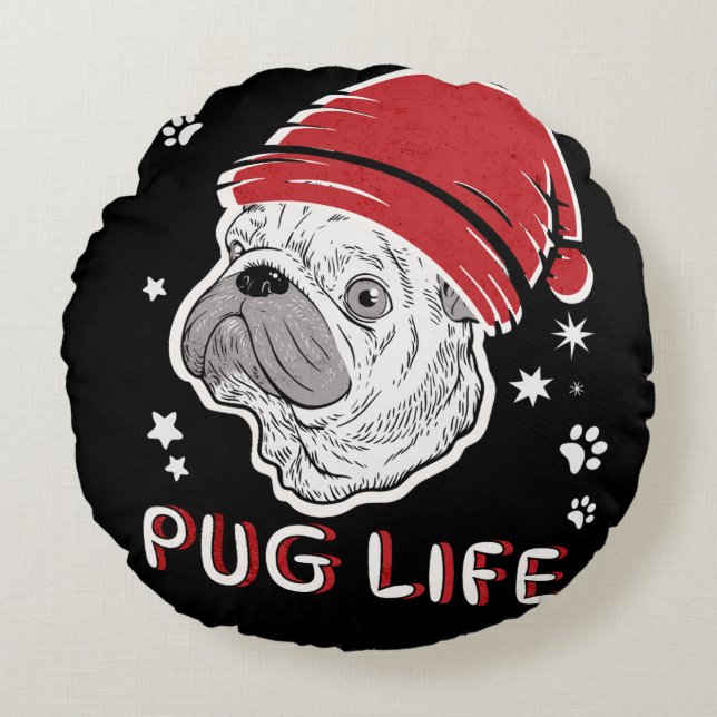Cojín Redondo Navidades de animales salvajes Pug Life (Anverso)