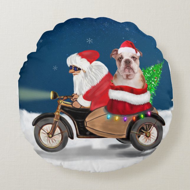 Cojín Redondo Navidades de Bulldog de Inglaterra Santa Claus (Anverso)