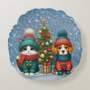 Cojín Redondo Navidades de cachorro y gatito