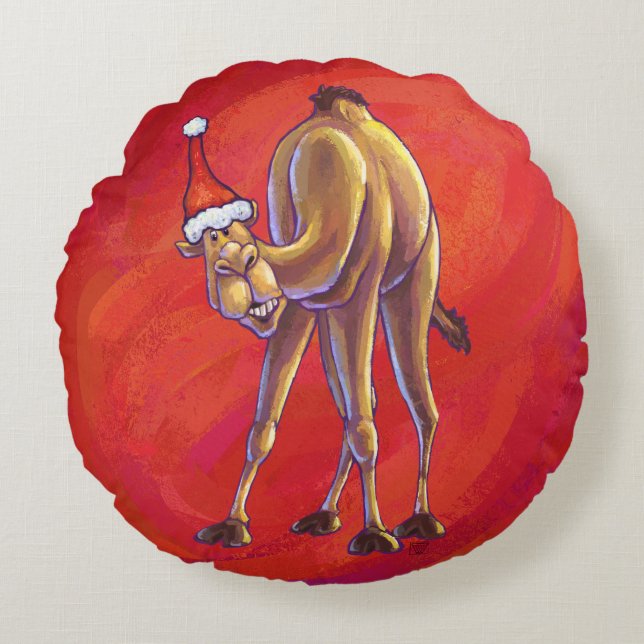 Cojín Redondo Navidades De Camellos Cuidados En Rojo (Anverso)