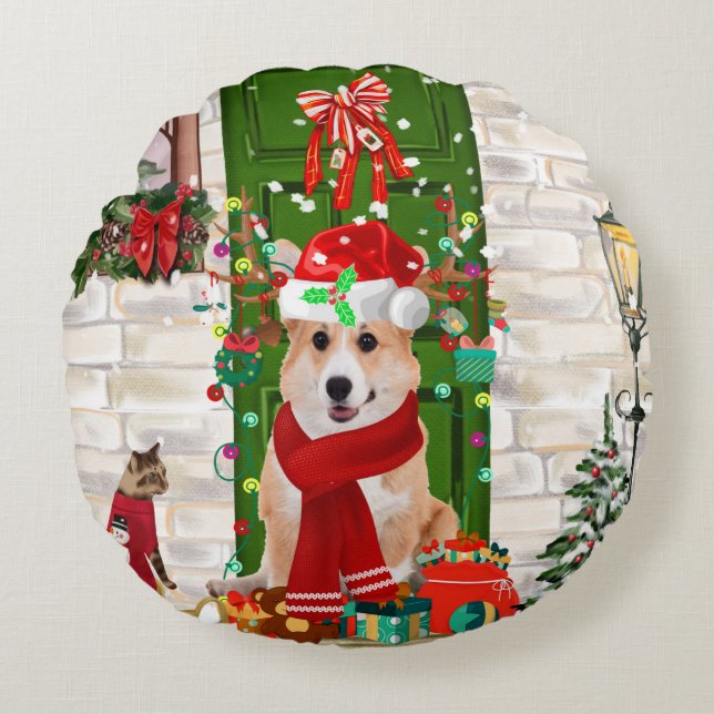 Cojín Redondo navidades de corgi Dog (Anverso)
