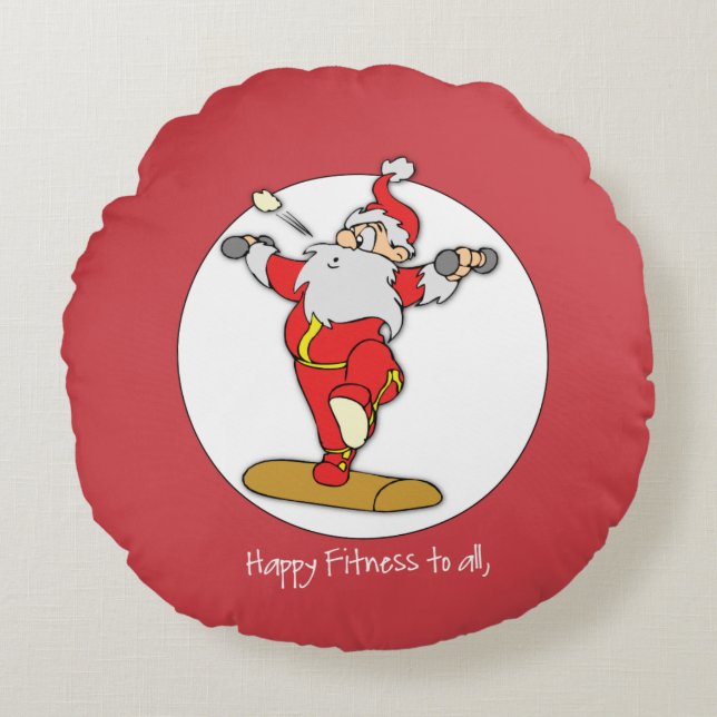 Cojín Redondo Navidades de ejercicios de fitness con Santa Claus (Anverso)