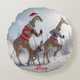 Cojín Redondo Navidades de esquí de la familia Giraffe divertido