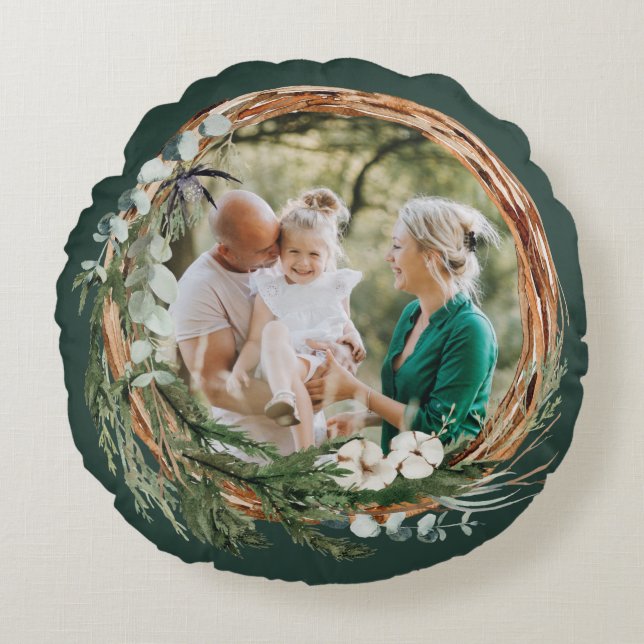 Cojín Redondo Navidades de fotografía de follaje moderno verde (Anverso)